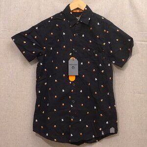 Free Planet Black w/ Ghosts & Candy Corn Button Up Short Sleeve Shirt Men’s XS
